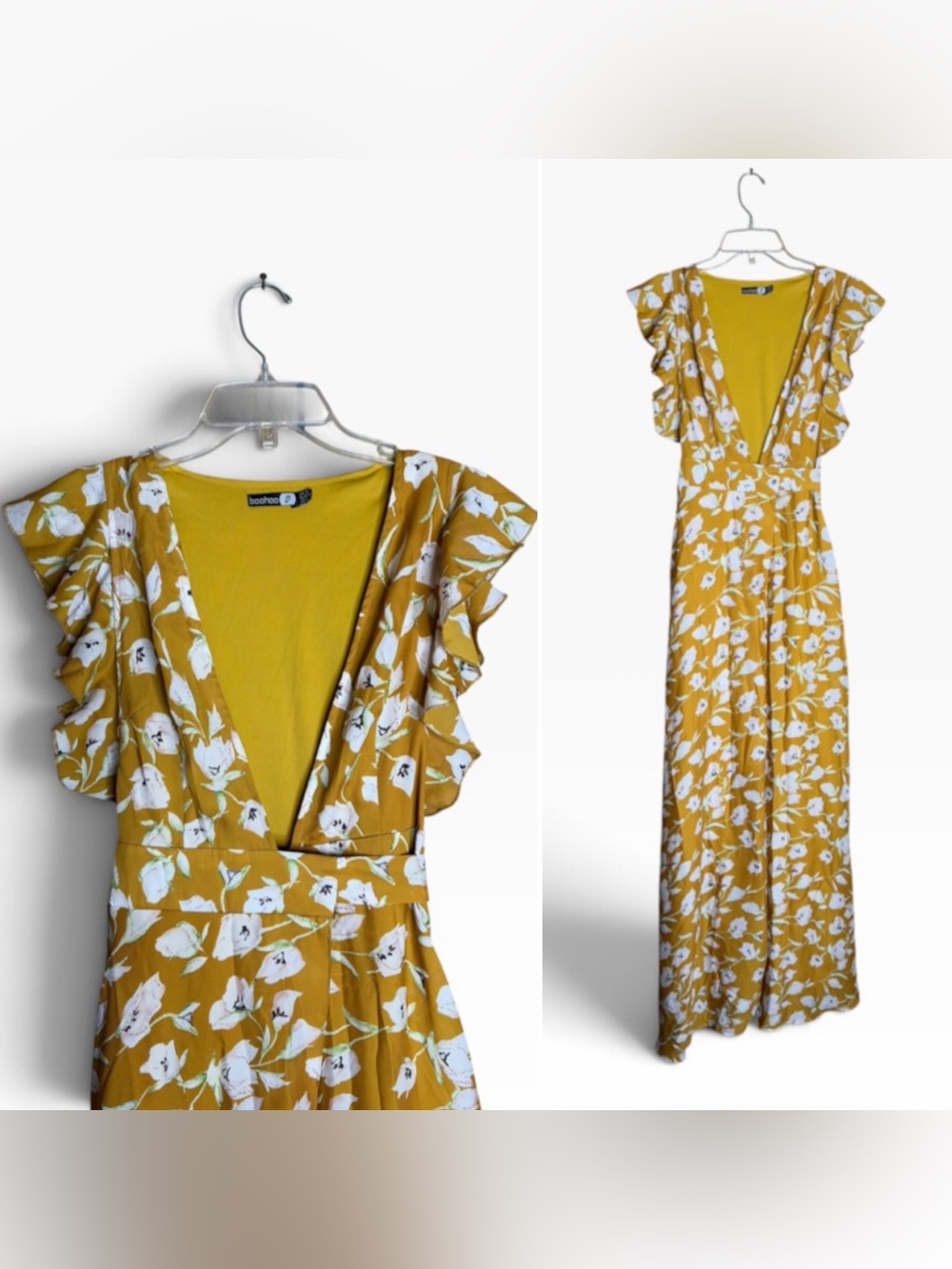 Boohoo Mustard Floral Ruffle Maxi Dress Size 6